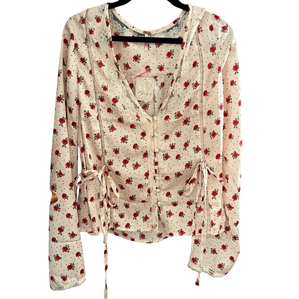 Free People Field of Roses Satin Lace Top Romantic Feminine  Sz M NWT MSRP $128